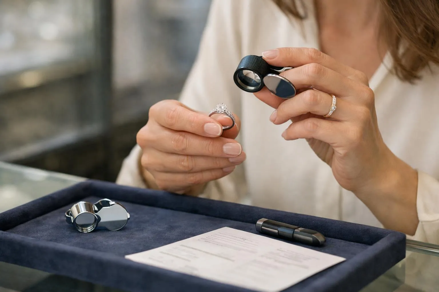Examen de la qualité d'un diamant avec une loupe.