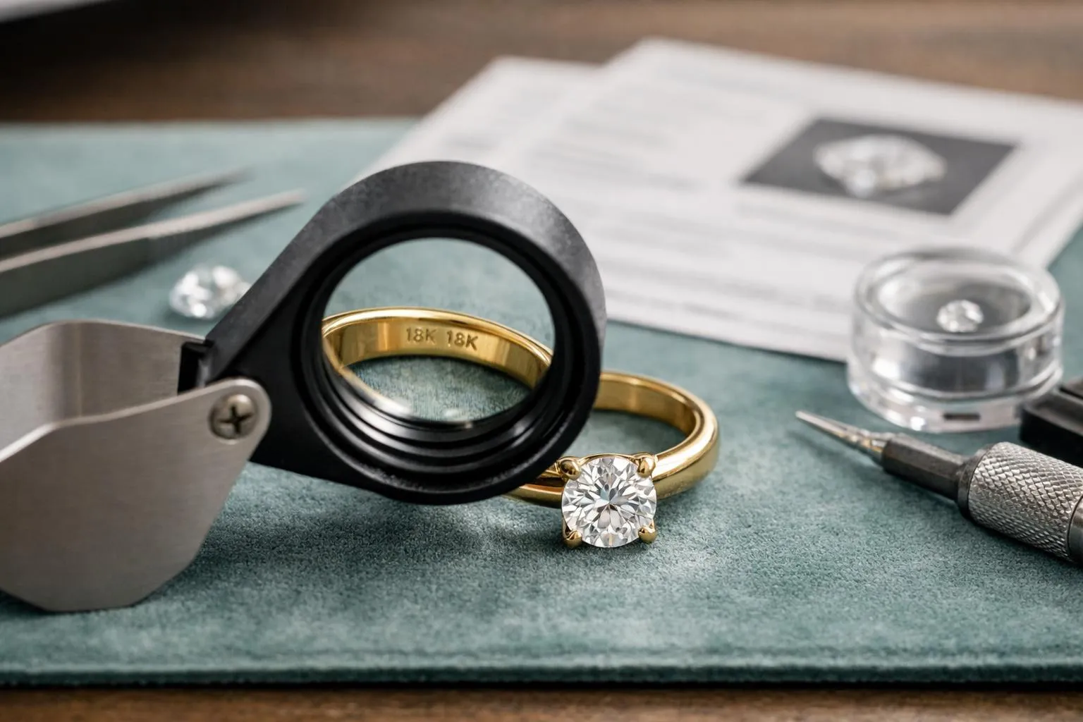 Bague de fiançailles en or avec diamant sous une loupe.