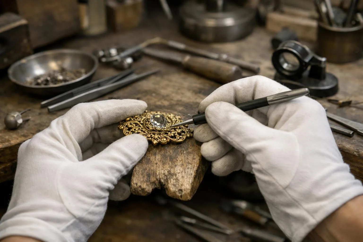 Mains gantées de bijoutier travaillant sur un bijou ancien en or posé sur établi artisanal, outils de joaillerie précis, lumière d'atelier concentrée, atmosphère de savoir-faire parisien et transformation respectueuse