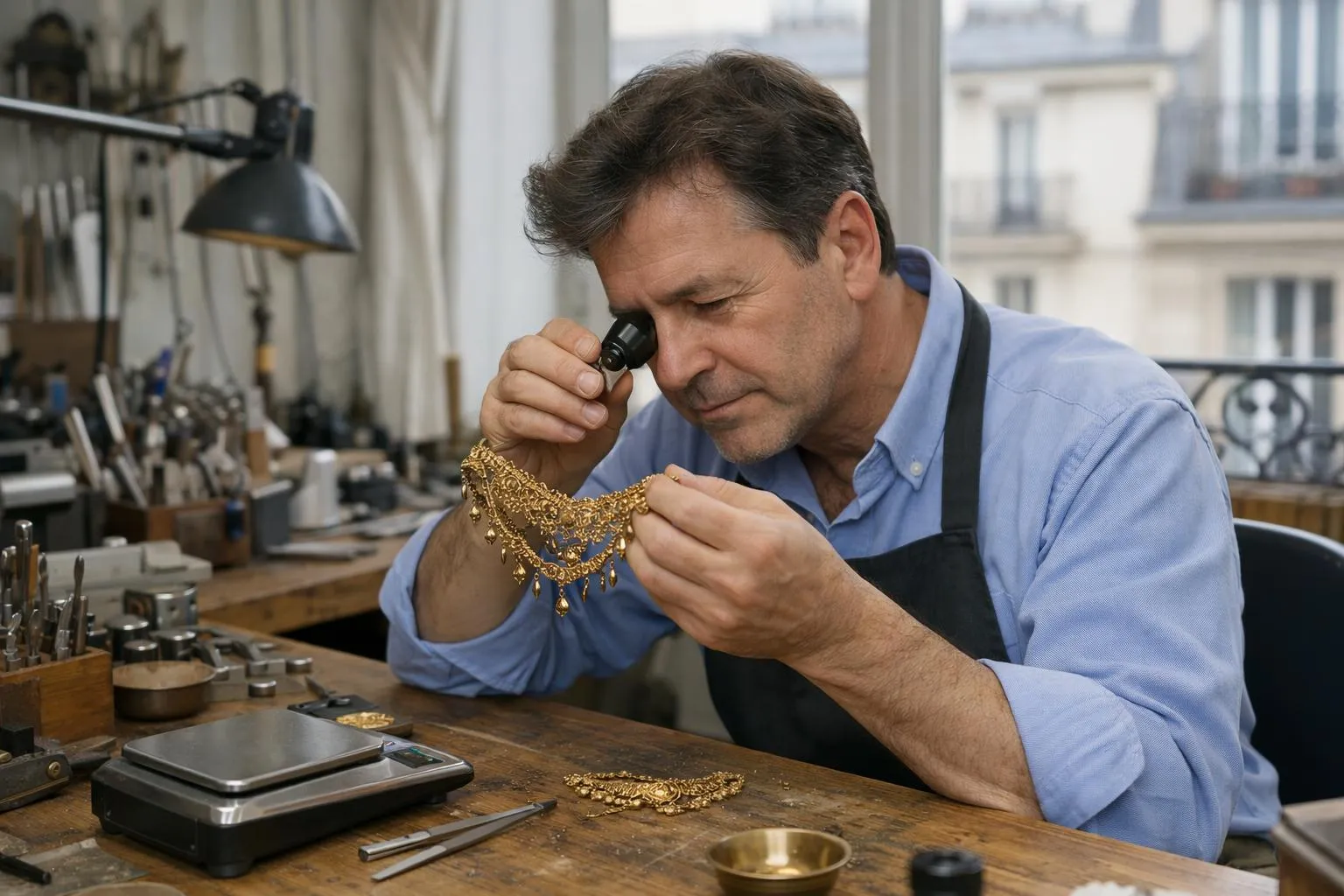 Joaillier examinant attentivement un collier ancien en or à la loupe binoculaire dans un atelier parisien lumineux, outils de précision et balance numérique visibles sur l'établi en bois, ambiance professionnelle et raffinée