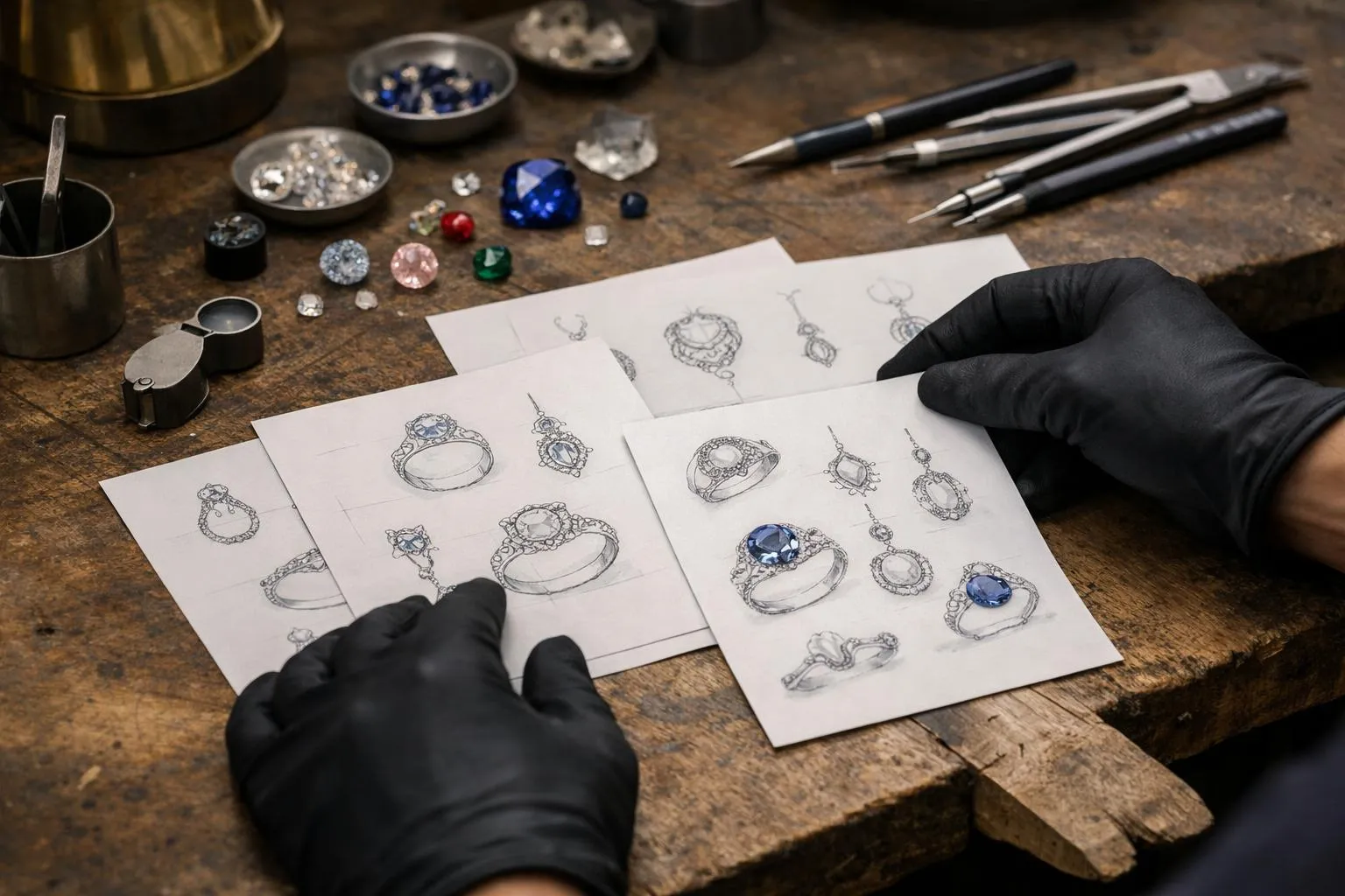 Mains gantées de joaillier disposant des esquisses de bijoux sur une table d'atelier éclairée, avec des pierres précieuses anciennes et des outils de dessin à proximité, ambiance feutrée de création artisanale parisienne