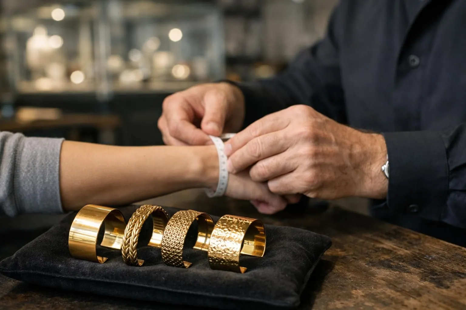 Close-up of professional jeweler's hands measuring client's wrist circumference with cloth measuring tape, luxury solid gold cuff bracelets displayed on velvet cushion in foreground, soft directional lighting emphasizing gold texture and craftsmanship, elegant jewelry atelier setting with blurred display cases in background