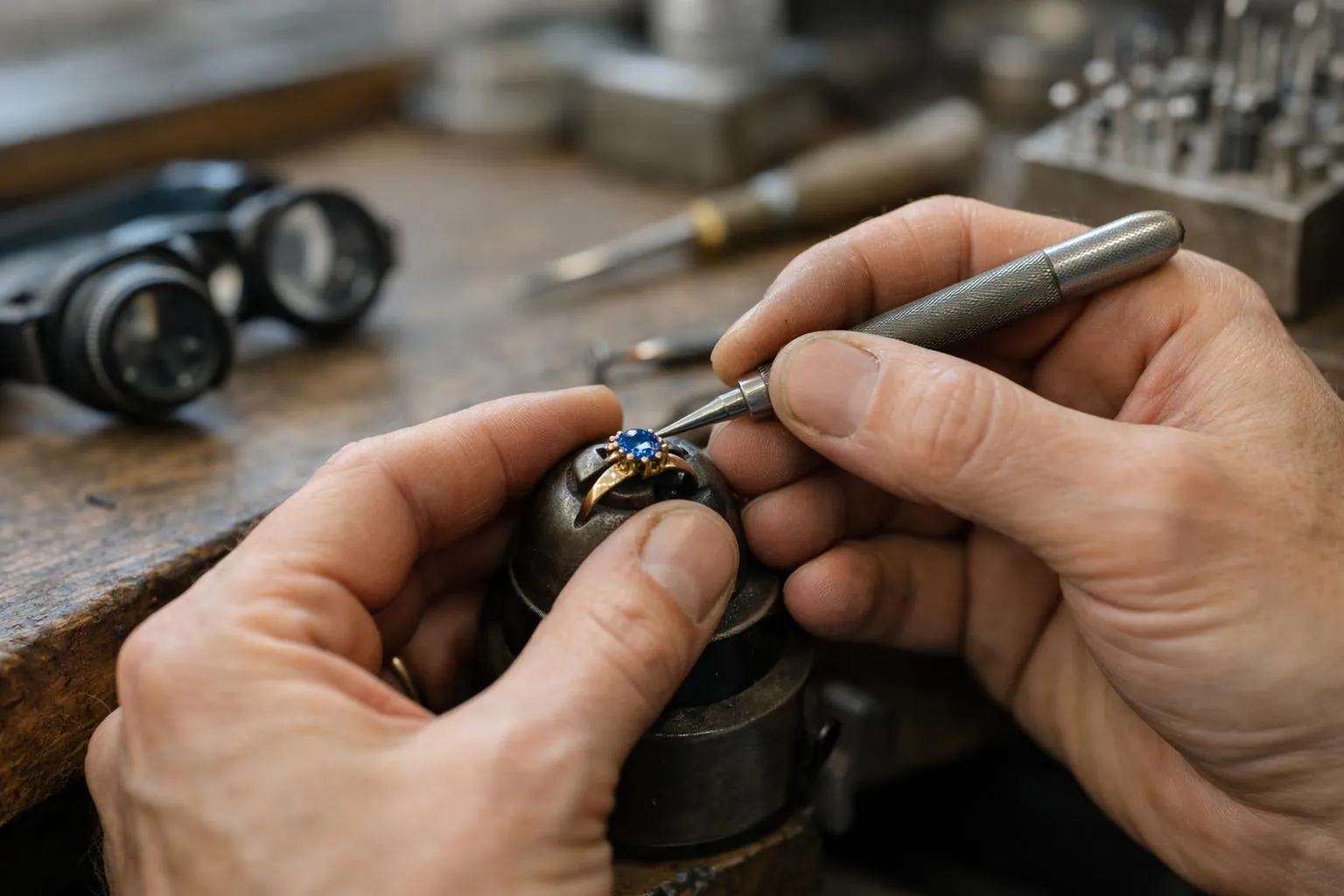 Mains d'un bijoutier réparant une bague avec un saphir.