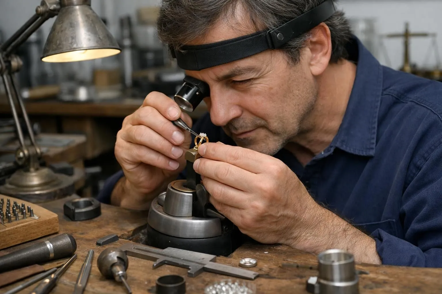 French master jeweler in traditional Parisian atelier examining diamond setting under magnifying lamp, antique workbench with precision tools, warm ambient lighting highlighting gold piece in progress, skilled hands demonstrating meticulous craftsmanship, authentic workshop atmosphere with jeweler loupes and measuring instruments