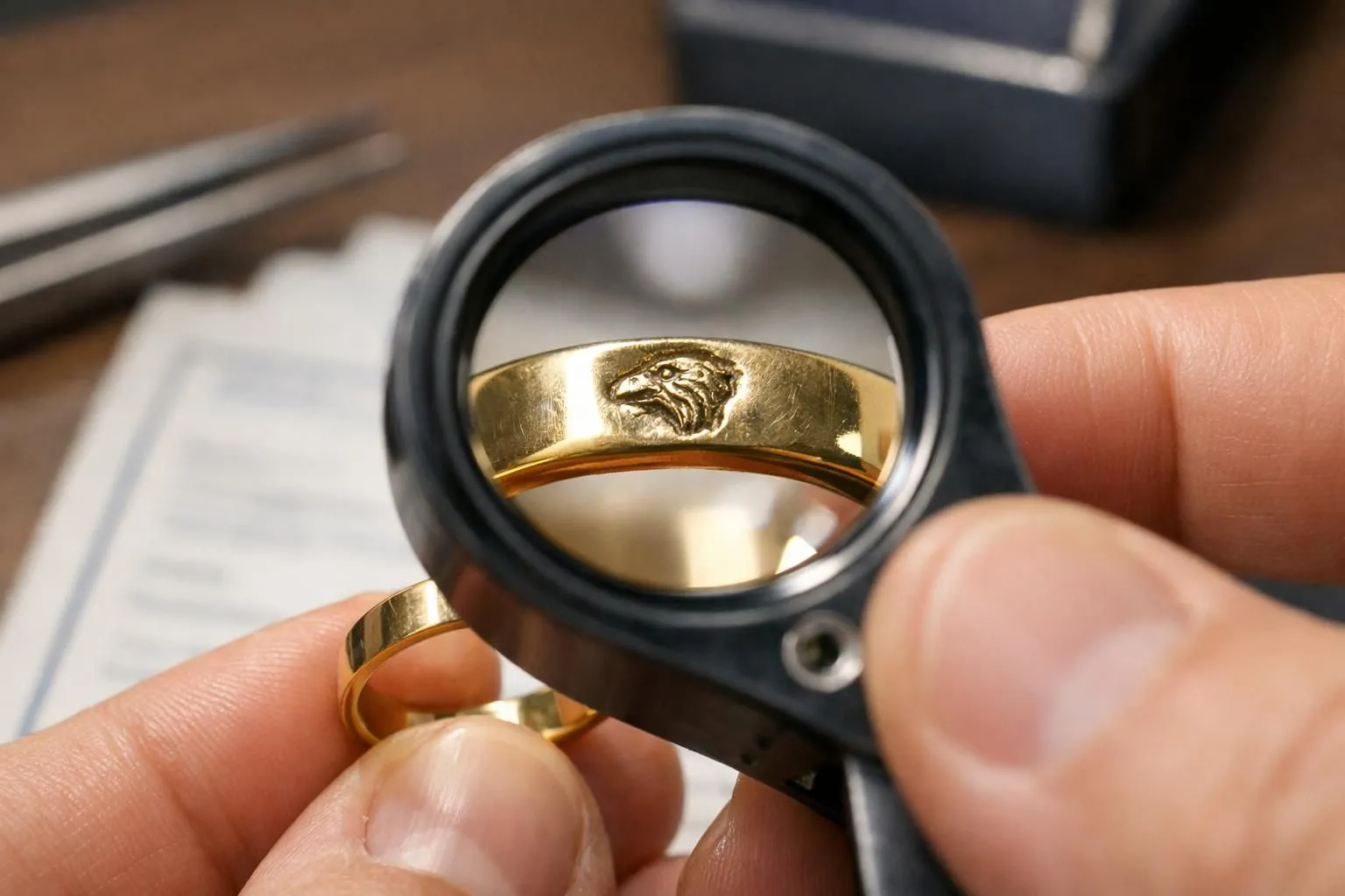 Extreme close-up of a French hallmark stamp being examined under professional jeweler's loupe, gold ring with visible eagle head poinçon mark, certification documents partially visible in background, luxury workshop lighting highlighting the authentication details