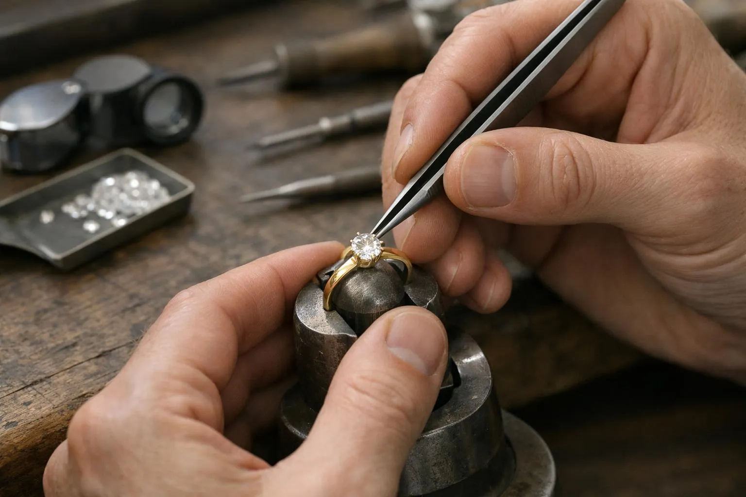 Mains de joaillier sertissant un diamant sur un anneau.
