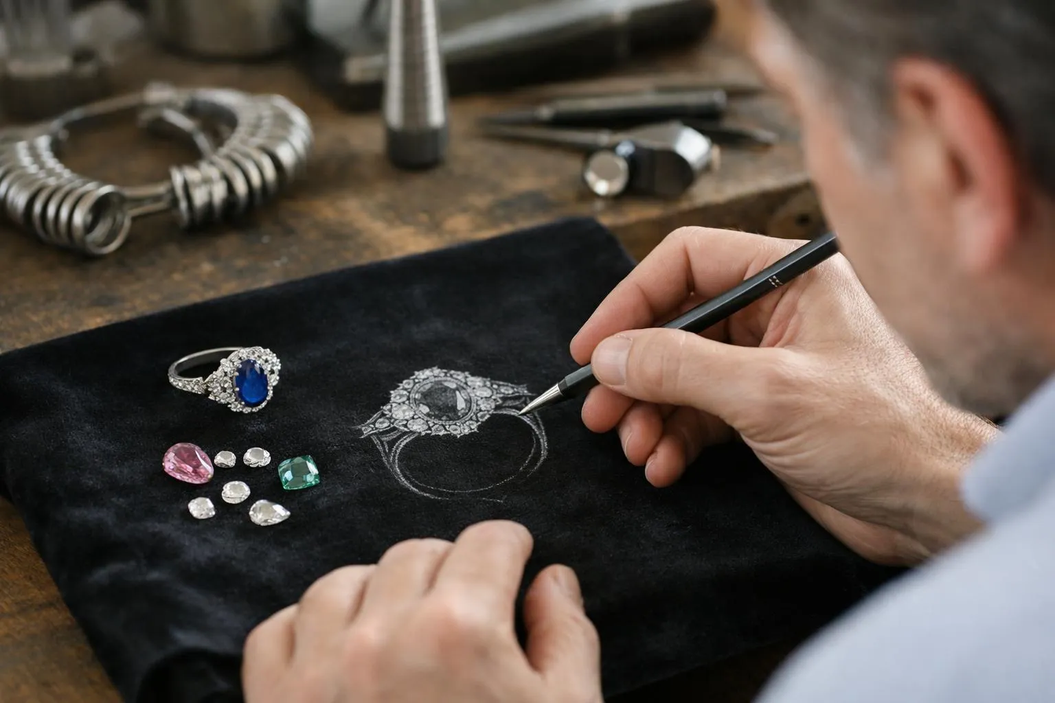 Conception d'un anneau de fiançailles avec pierres précieuses sur un établi.