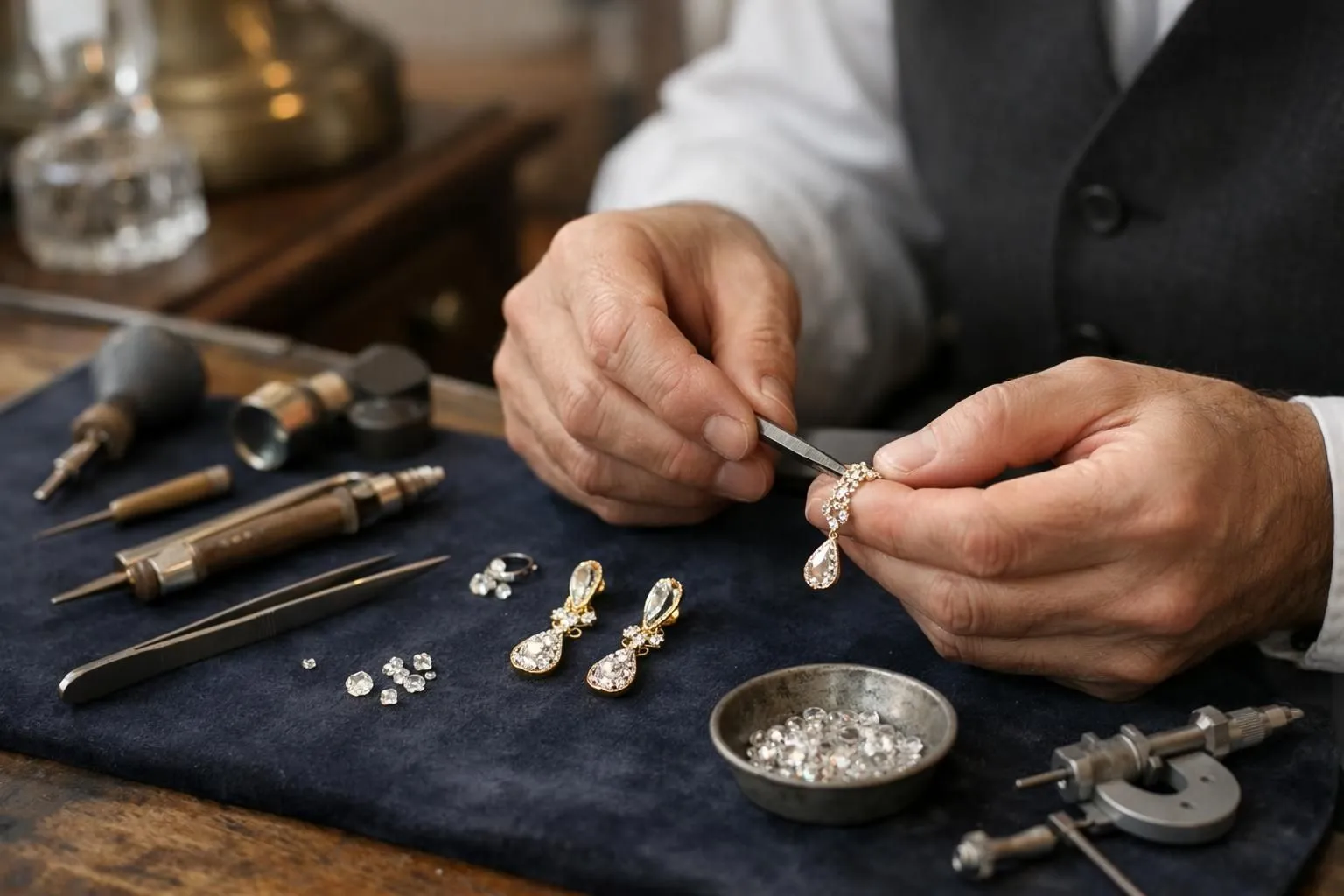 Elegant Parisian jewelry atelier with master artisan's hands delicately crafting gold earrings, precision tools on velvet work surface, warm ambient lighting highlighting gemstone facets, close-up view showing intricate metalwork detail in luxury workshop setting