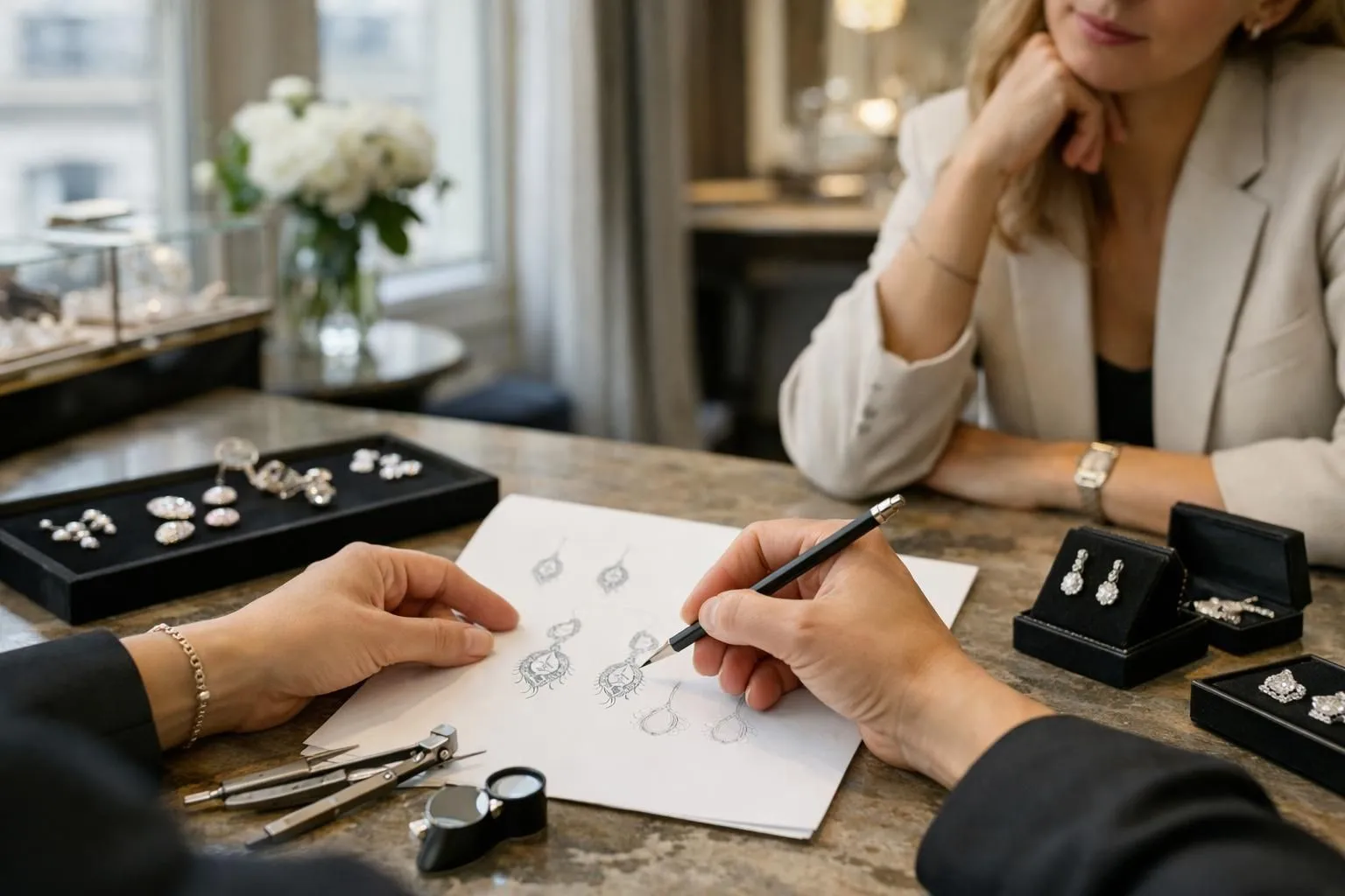Luxury jewelry designer sketching custom earring designs during consultation with client in elegant Parisian atelier, hands drawing detailed jewelry sketches on paper, refined design tools visible, sophisticated boutique interior with natural light, focus on creative process and craftsmanship