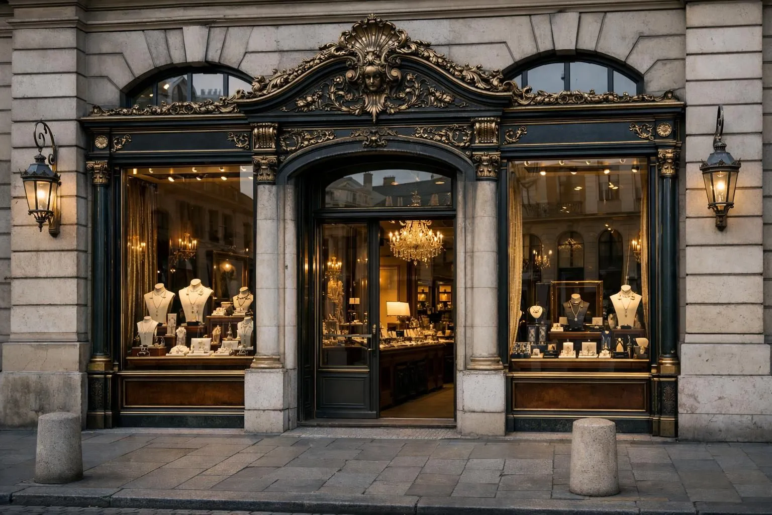 Elegant historic Parisian jewelry boutique facade on Place Vendôme with ornate 18th century architecture, luxury window display showcasing vintage collection pieces, brass details, stone columns, soft evening light casting shadows on cobblestones, sophisticated atmosphere capturing heritage jewelry district ambiance. ABSOLUTELY NO TEXT, words, letters, numbers, signs, labels, logos, titles, or captions in the image.