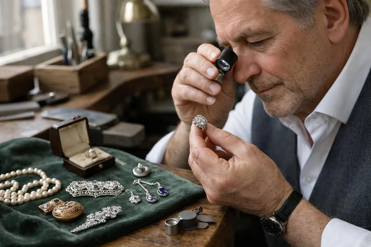 Expert jeweler in elegant Parisian atelier examining vintage diamond ring under professional loupe, revealing intricate hallmarks and gemstone clarity, with antique jewelry pieces displayed on velvet cloth background, natural lighting highlighting craftsmanship details
