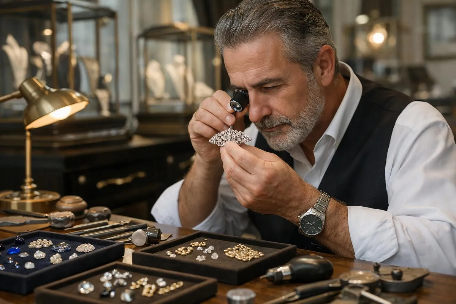 Master jeweler in elegant Parisian workshop examining vintage diamond brooch with loupe, surrounded by jewelry tools, antique display cases with Art Deco pieces, and velvet trays containing gemstones and precious metals, warm lighting highlighting craftsmanship