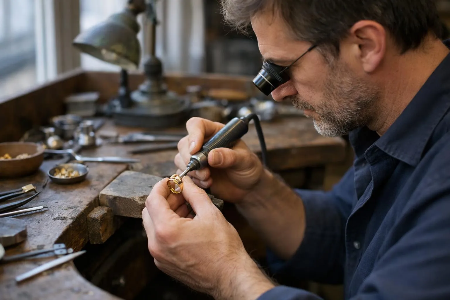 Artisan joaillier parisien dans son atelier travaillant sur une bague en or avec des outils de précision sous une lumière naturelle, établi en bois ancien, détails raffinés de fabrication française visible, ambiance intimiste et authentique d'une maison de joaillerie artisanale parisienne