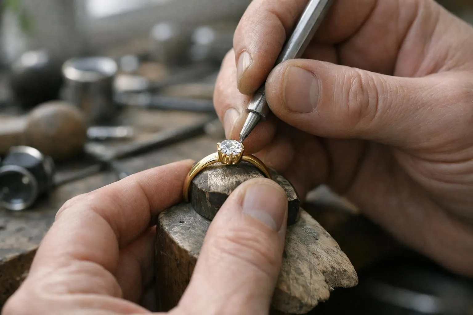 Close-up of a master jeweler's hands meticulously setting a brilliant diamond into a handcrafted gold ring using precision tools in a Parisian atelier, with natural daylight illuminating the intricate metalwork and gemstone, warm professional workshop atmosphere with blurred background of traditional goldsmith tools, representing luxury French jewelry craftsmanship