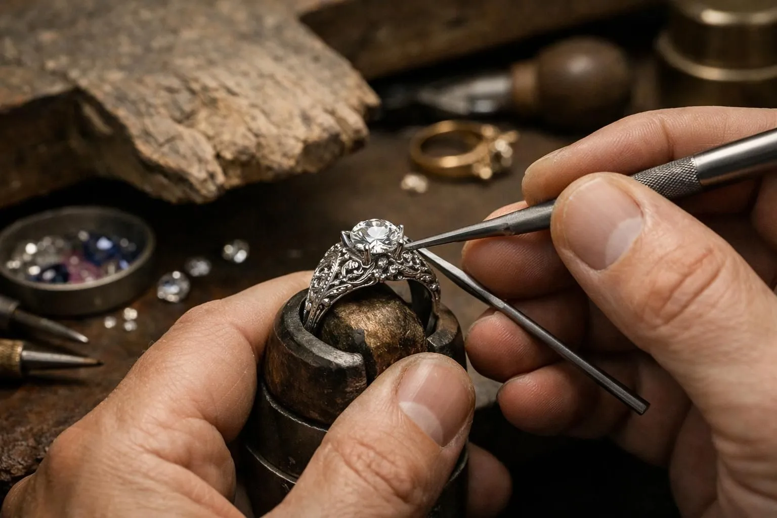 Close-up view of a master jeweler's hands working at a traditional workbench, using precision tools to set a diamond in an ornate platinum ring mount, with other precious gems and gold pieces visible on the leather work surface, warm focused lighting highlighting the detailed craftsmanship