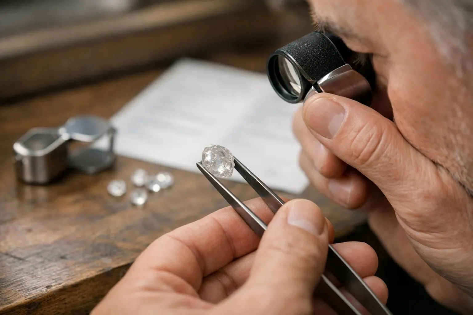 Close-up view of a master jeweler's hands examining a loose diamond with precision tweezers under bright workshop lighting, with a jeweler's loupe and certification documents visible on a wooden workbench, representing ethical gemstone verification and transparency in luxury jewelry craftsmanship
