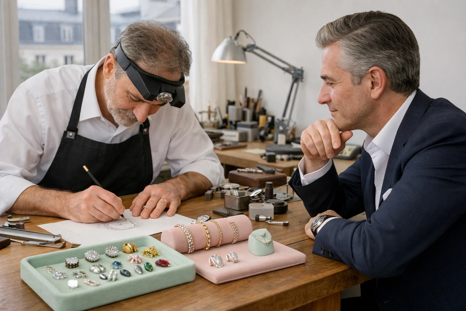 Master jeweler at wooden workbench sketching bracelet design while consulting with elegant client in refined Parisian atelier, natural daylight illuminating precious metal samples and gemstones on velvet display