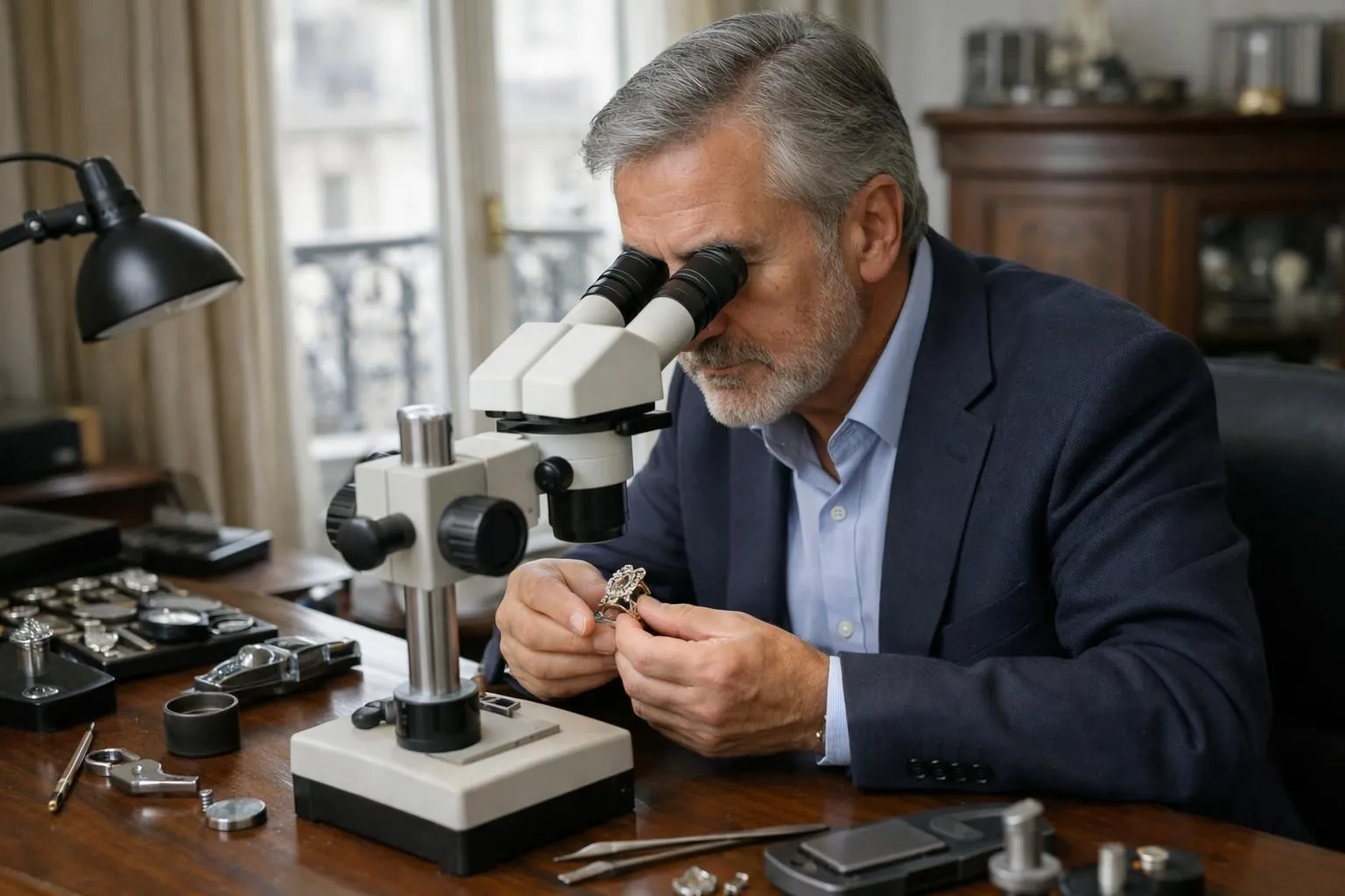 Gemmologue professionnel examinant attentivement un bijou ancien avec une loupe binoculaire dans un atelier de joaillerie parisien élégant, lumière naturelle filtrant à travers une fenêtre, instruments de précision disposés sur un bureau en bois poli, ambiance professionnelle et raffinée
