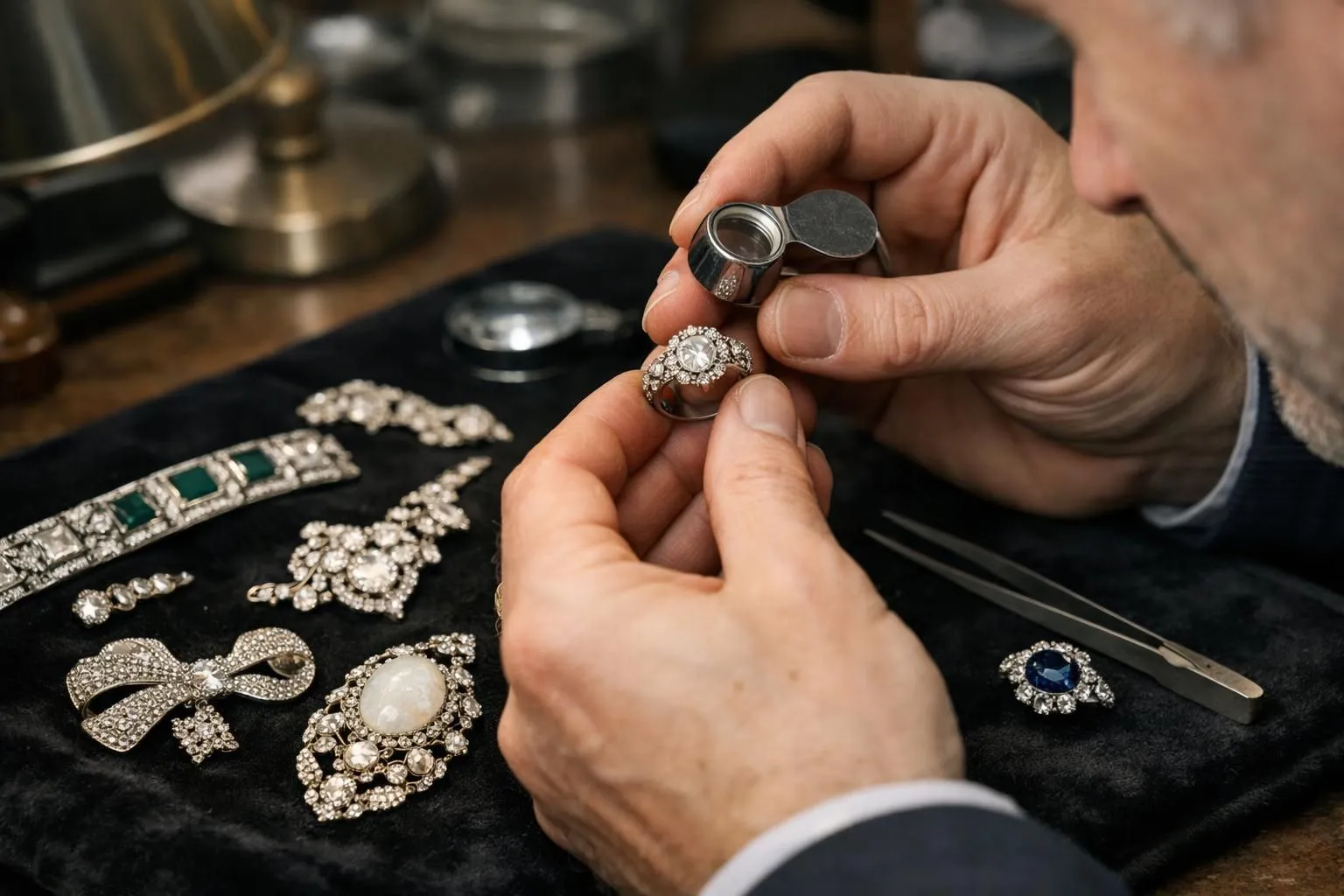 Loupe d'expert en joaillerie examinant des pierres précieuses sur des bijoux anciens de différentes époques posés sur un velours noir, lumière de table professionnelle, vue rapprochée réaliste d'un atelier parisien d'évaluation, aucun texte visible