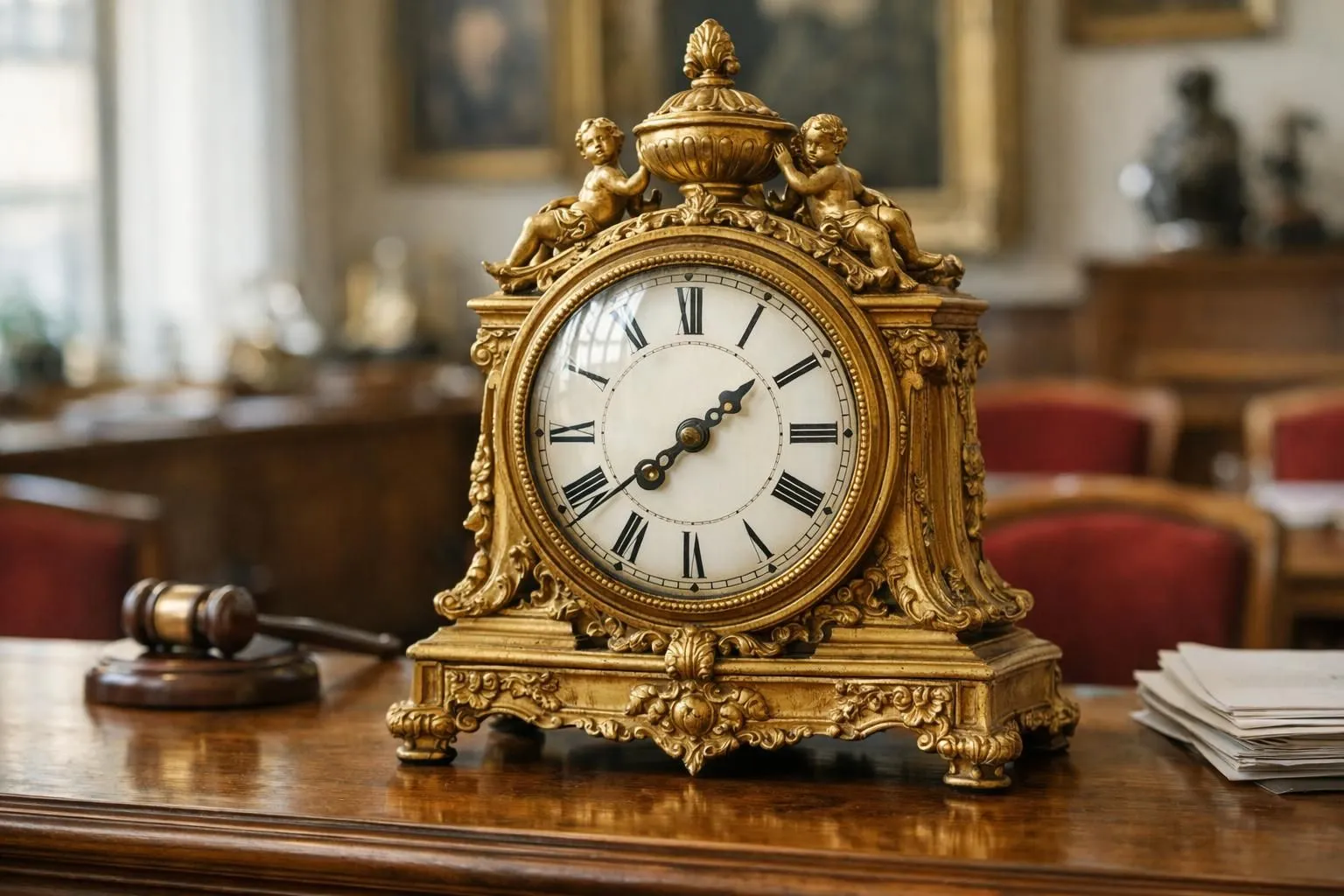 Élégante salle de vente aux enchères parisienne avec estrade de commissaire-priseur, rangées de sièges rembourrés rouges, lustres en cristal, collectionneurs examinant catalogue, ambiance feutrée et luxueuse classique, éclairage tamisé, boiseries anciennes, sans aucun texte ni chiffre visible