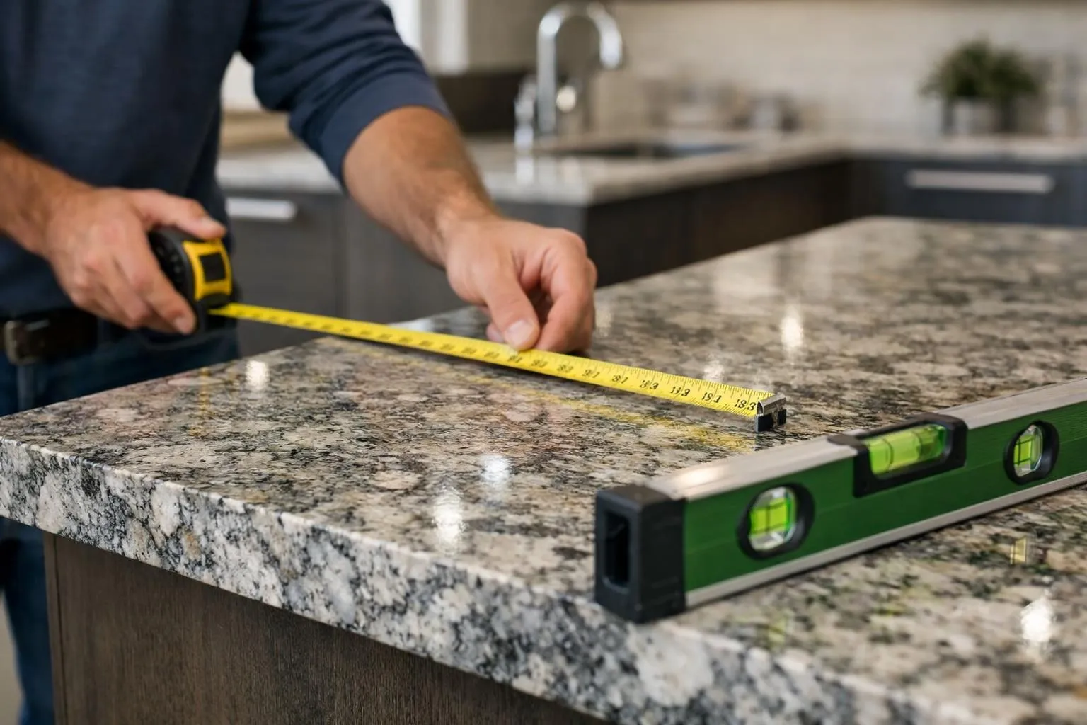 Professional measuring granite countertop in a kitchen showroom with precision tools, focus on measurement instruments and granite slab edge, Swiss kitchen setting with modern cabinetry, natural lighting highlighting the stone's texture and weight, measuring tape and level visible