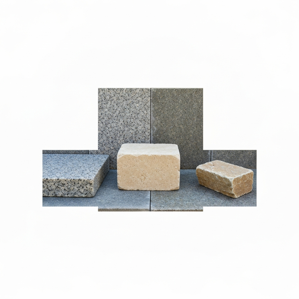 Three natural stone samples displayed side by side in garden setting: dark polished granite slab, beige weathered limestone block, and warm sandstone piece near water feature, showing distinct textures and colors of materials used for fountain construction