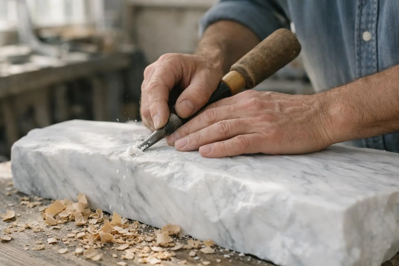 Elegant stone showroom displaying various types of natural stones including polished marble slabs, textured granite samples, limestone blocks, and slate tiles arranged on professional display stands with natural lighting highlighting their unique textures and colors