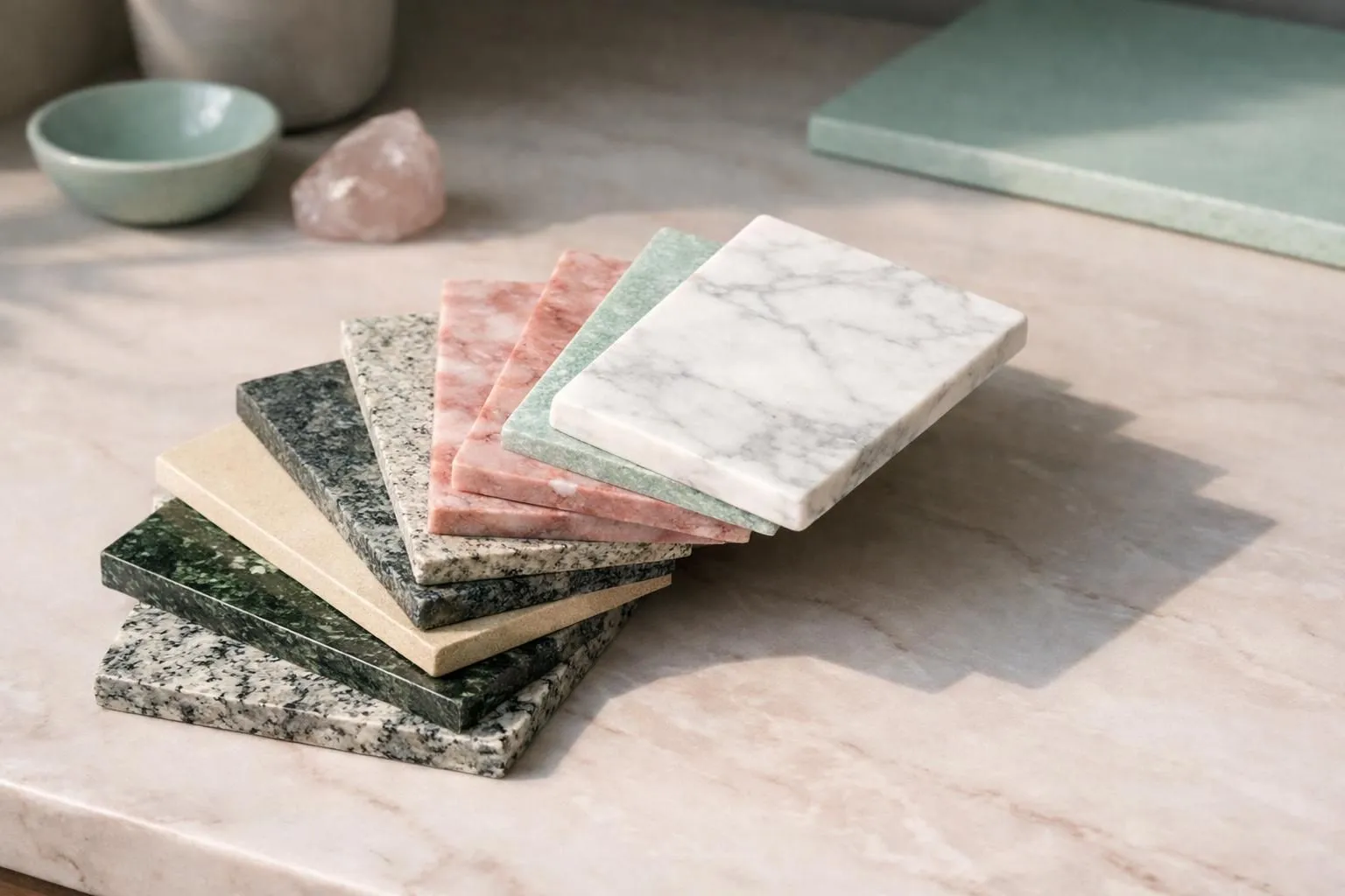 Collection d'échantillons de sept pierres naturelles différentes (granite, marbre, calcaire, ardoise, grès, quartzite, travertin) disposés en éventail sur surface professionnelle, éclairage latéral révélant textures et veines distinctes de chaque matériau pour bardage de façade