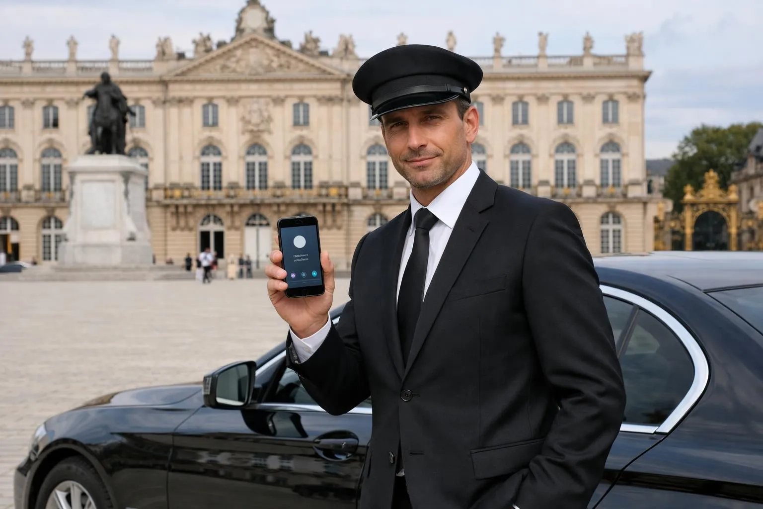 Homme d'affaires en costume tenant un smartphone devant un bâtiment historique.