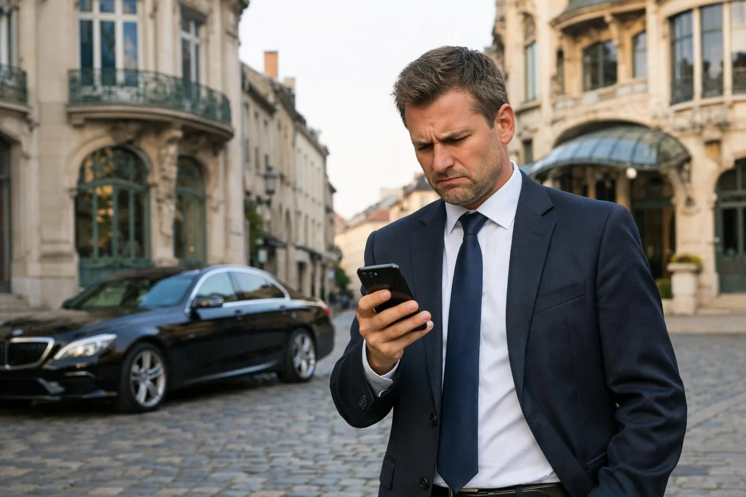 Homme d'affaires concentré sur son téléphone dans une rue européenne.