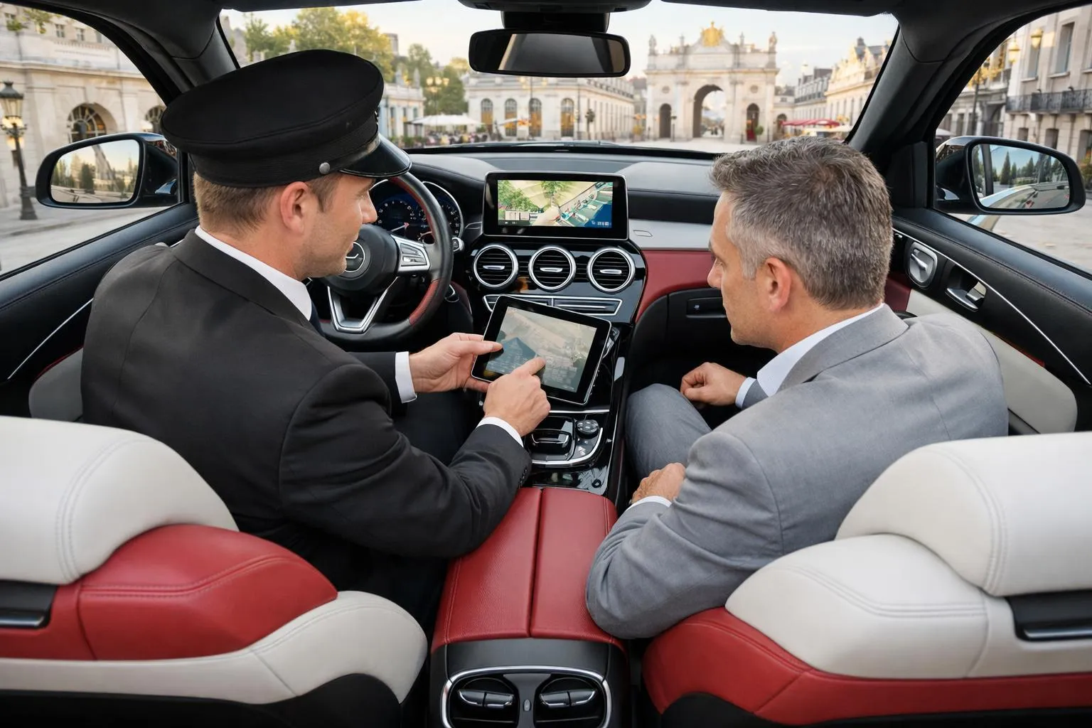 Deux hommes d'affaires dans une voiture de luxe avec écran tactile.