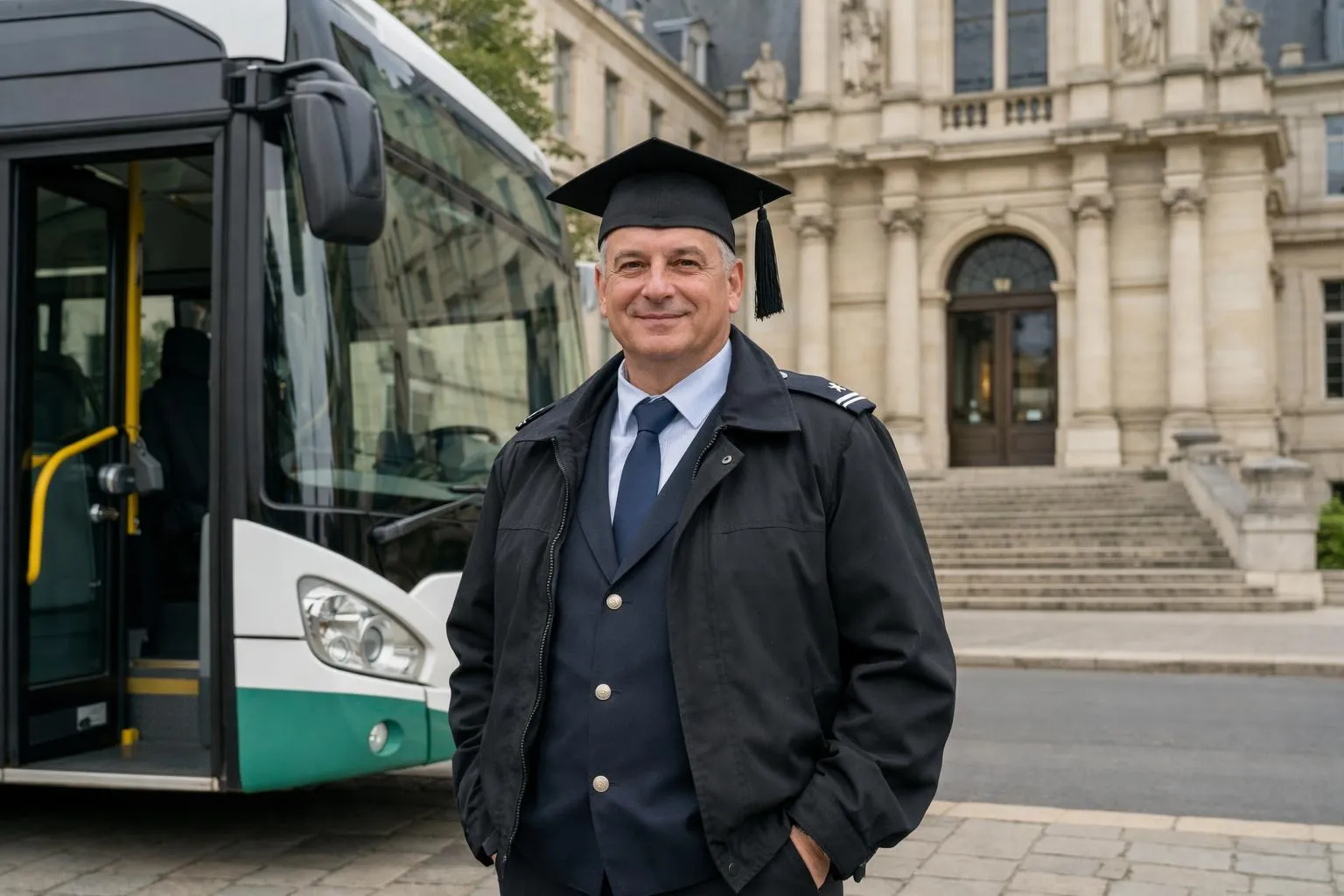 Un homme âgé en tenue de graduation devant un bâtiment historique.