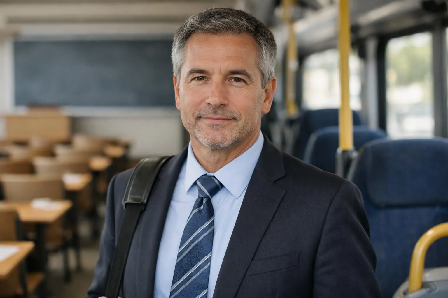 Homme d'affaires mature, bien habillé, dans un bus.