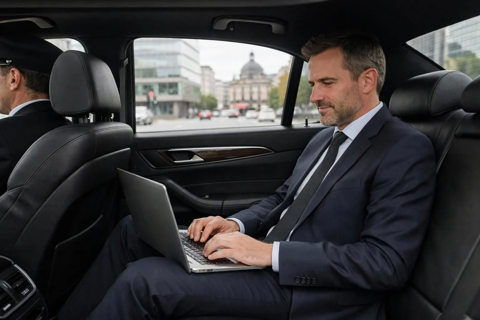 Professional businessman in elegant dark suit working on laptop in the back seat of a luxury black sedan during daytime in Nancy, focused on his screen while the professional chauffeur drives through the modern business district, soft natural lighting through tinted windows, sophisticated leather interior visible