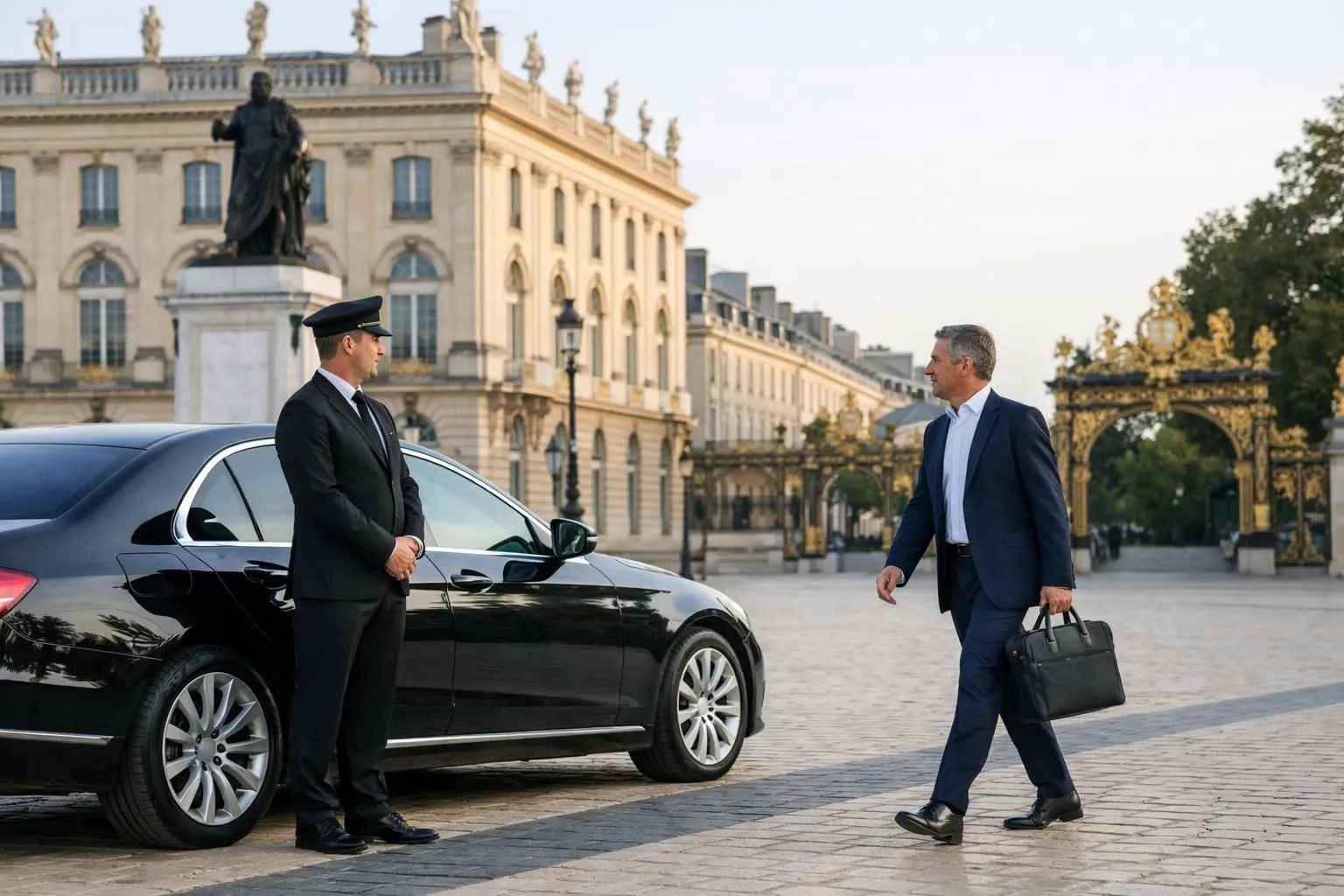 Professional chauffeur in dark suit standing beside elegant black luxury sedan with opened rear door, business client approaching in Nancy Place Stanislas background, morning light, sophisticated business atmosphere