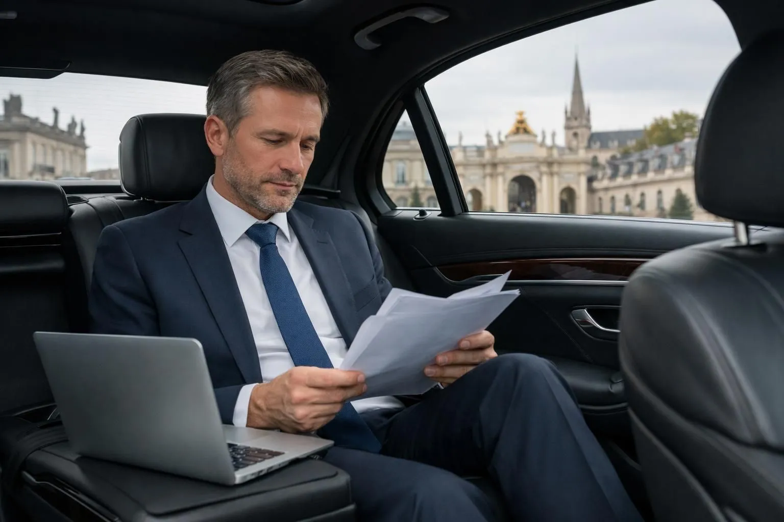 Professional businessman reviewing documents in spacious leather backseat of premium black sedan with laptop open, elegant interior lighting, chauffeur visible through privacy glass, Nancy business district visible through tinted windows