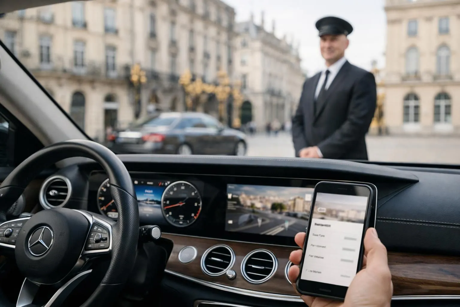Professional chauffeur standing beside pristine Mercedes E-Class sedan in Nancy city center parking area, modern smartphone held by business passenger showing clear hourly rate breakdown on booking screen, elegant urban setting with recognizable Grand Est architecture, natural daylight emphasizing vehicle premium finish and professional service atmosphere