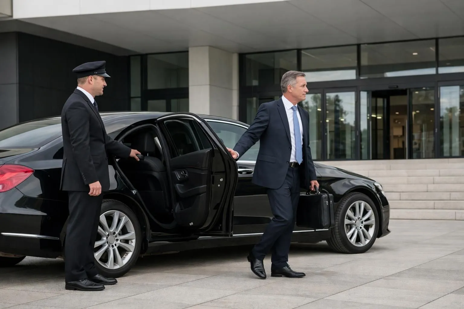 سائق محترف يرتدي بدلة داكنة يفتح باب سيارة فاخرة لرجل أعمال يحمل حقيبة عند مدخل مركز مؤتمرات حديث في نانسي، سيارة مرسيدس من طراز S-Class ظاهرة، في بيئة عمل نهارية.