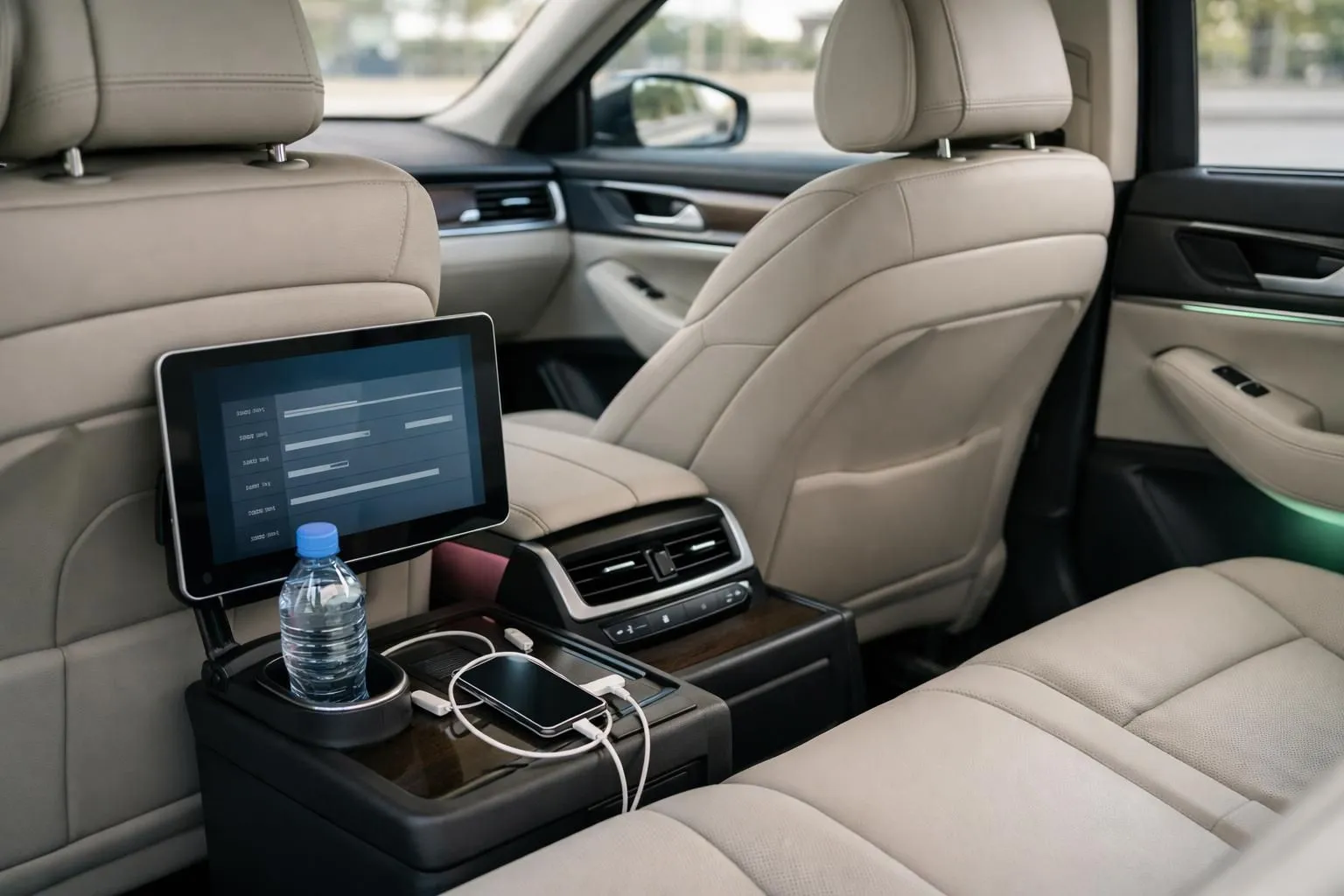 مقصورة داخلية فاخرة لسيارة سيدان بمقاعد جلدية، وحامل للأجهزة اللوحية لعرض جدول المؤتمرات، وزجاجة ماء في حامل الأكواب، وكابلات شحن مرتبة بعناية، وإضاءة محيطية، وبيئة عمل احترافية مرئية من خلال النوافذ المظللة، ولوحة عدادات أنيقة مزودة بنظام ملاحة، وخالية من النصوص أو الشعارات الظاهرة.