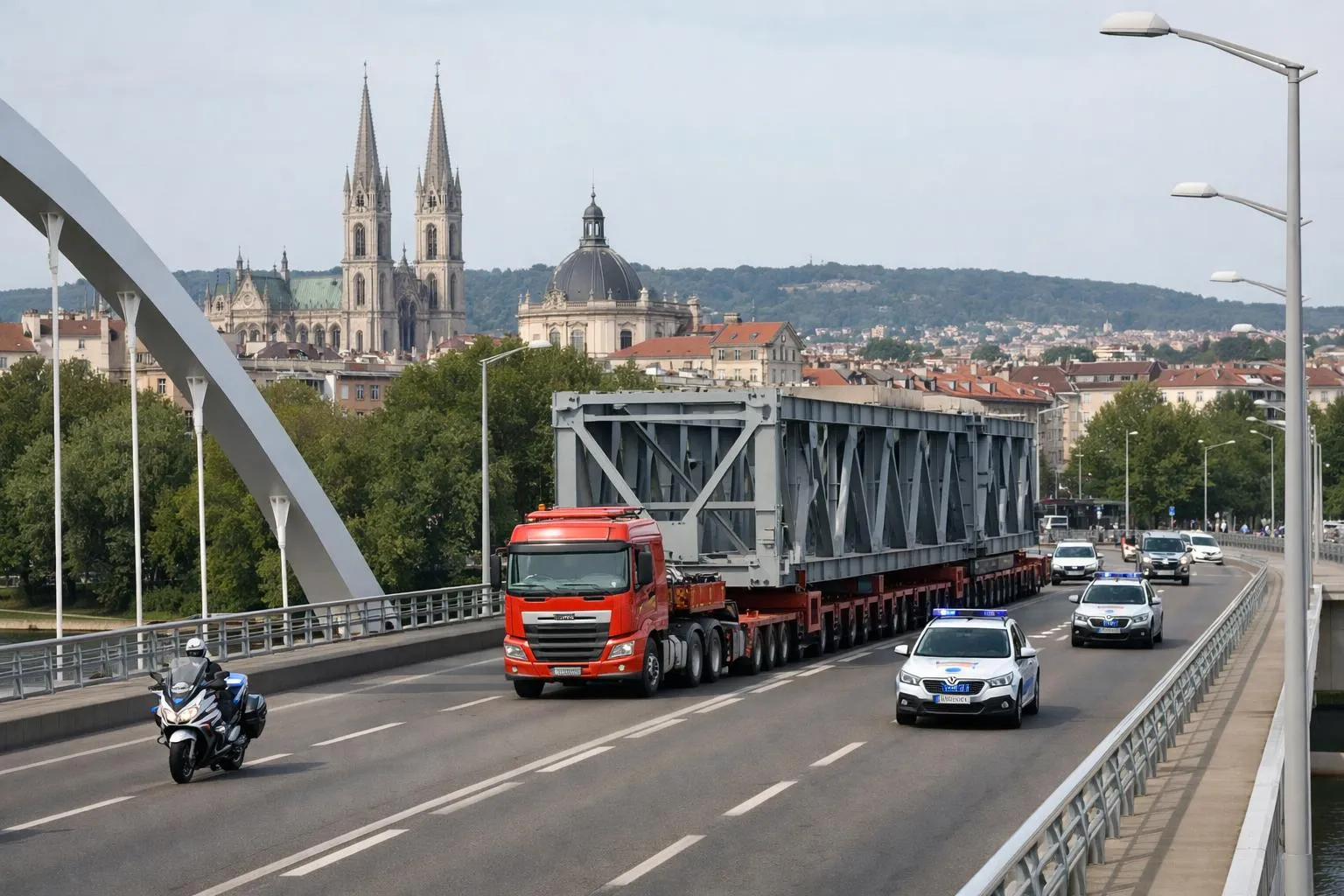 Un énorme camion de transport industriel transportant une structure métallique imposante sur un pont urbain étroit, escorté par des véhicules de police et des cônes de signalisation, avec la skyline de Nancy en arrière-plan.