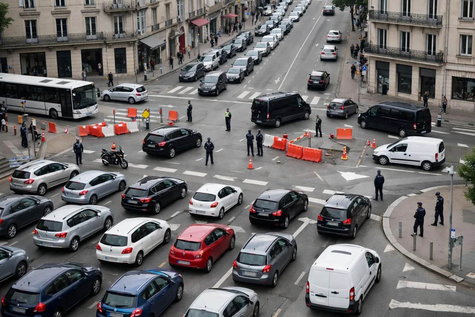 Vue aérienne du centre-ville de Nancy montrant la congestion routière avec des véhicules attendant aux fermetures de routes, des panneaux de déviation visibles et la police dirigeant la circulation autour d'une intersection bloquée pendant le passage d'un convoi.