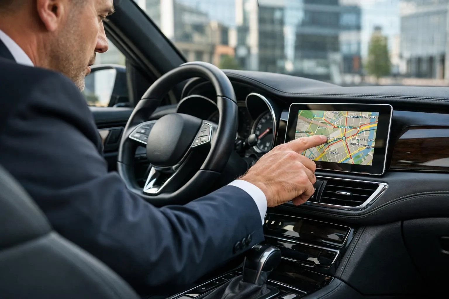 Chauffeur professionnel en costume élégant vérifiant le système de navigation dans l'intérieur d'une berline de luxe, expression concentrée tout en surveillant les mises à jour du trafic en temps réel sur l'écran du tableau de bord, sièges en cuir haut de gamme visibles,