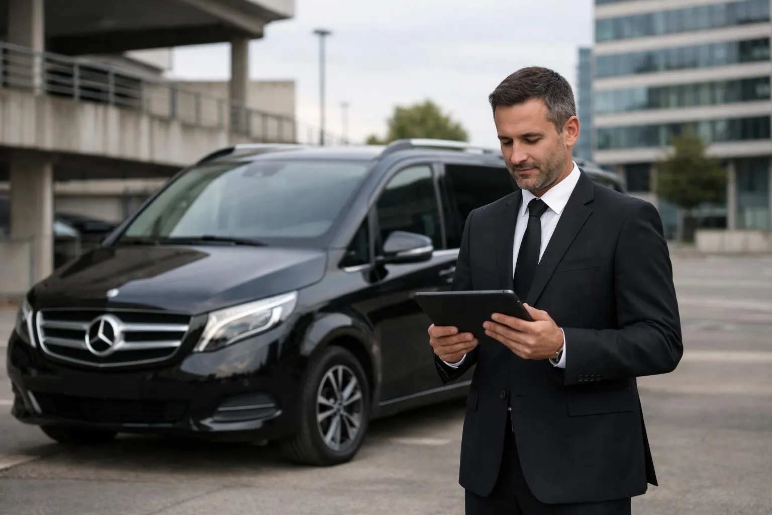 Chauffeur professionnel en costume sombre tenant une tablette numérique devant un van Mercedes noir premium, contexte parking urbain moderne à Nancy avec éclairage tamisé, véhicule aux vitres teintées garé discrètement, ambiance confidentielle et élégante, aucun texte visible