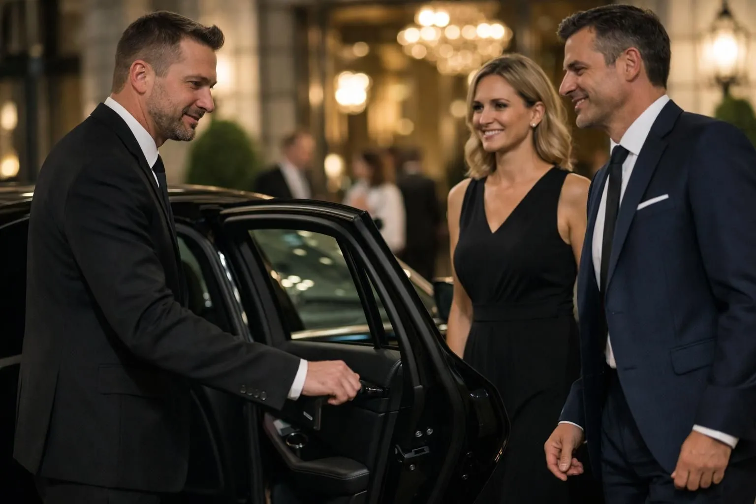 Chauffeur professionnel VTC en costume ouvrant la portière arrière d'une berline allemande noire premium pour un groupe de clients en tenue de soirée élégante devant un hôtel de prestige éclairé, ambiance nocturne raffinée lors d'un événement corporatif, scène photographiée avec profondeur de champ montrant l'attention au service