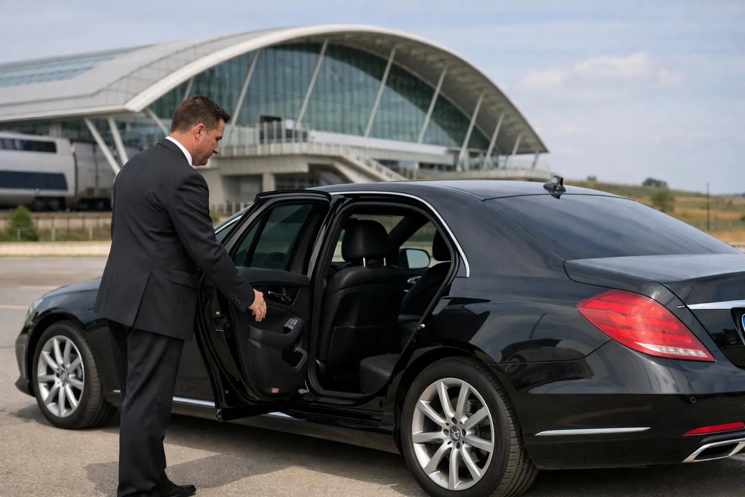 Chauffeur professionnel en costume sombre ouvrant la portière arrière d'une Mercedes noire élégante devant la gare Lorraine TGV, scène réaliste de transfert VTC haut de gamme