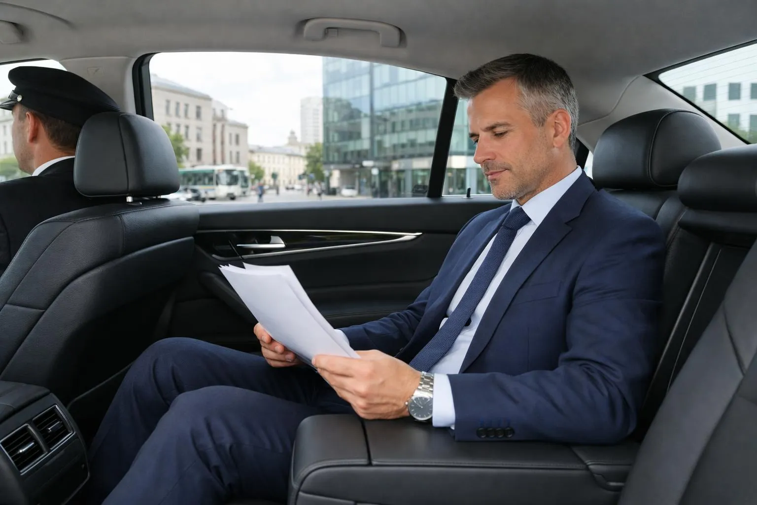 Empresario profesional revisando documentos en el espacioso interior de un coche de lujo con un portátil, chófer profesional visible en el asiento delantero, moderno distrito financiero de Nancy, Francia, pasando por la ventana, elegantes asientos de cuero, ambiente de espacio de trabajo ejecutivo, luz natural.