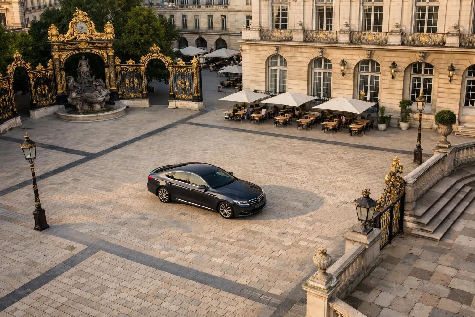 Elegante sedán de lujo circulando por la Place Stanislas en Nancy con arquitectura histórica de fondo, luz dorada del atardecer, un viajero de negocios profesional visible a través de la ventanilla, icónicas puertas doradas y arquitectura barroca, ambiente de destino de negocios europeo