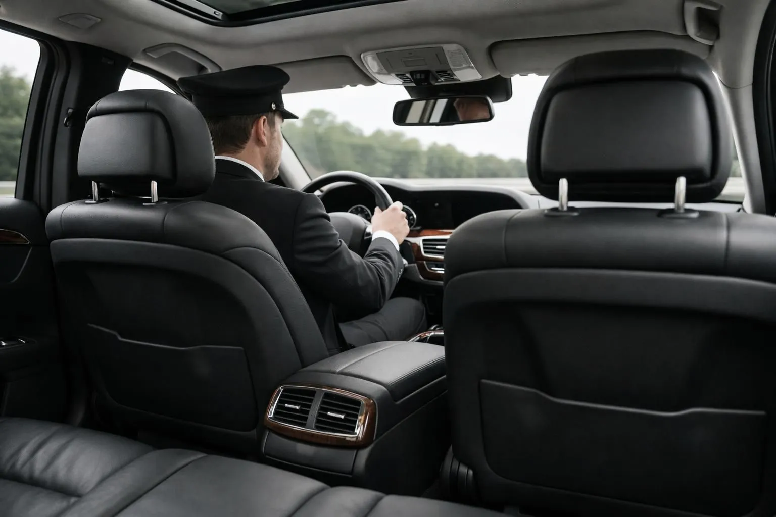 Intérieur spacieux d'une berline Mercedes noire avec sièges en cuir beige, vue depuis la banquette arrière montrant le chauffeur professionnel en costume sombre au volant, lumière naturelle filtrant par les vitres teintées, ambiance calme et sophistiquée