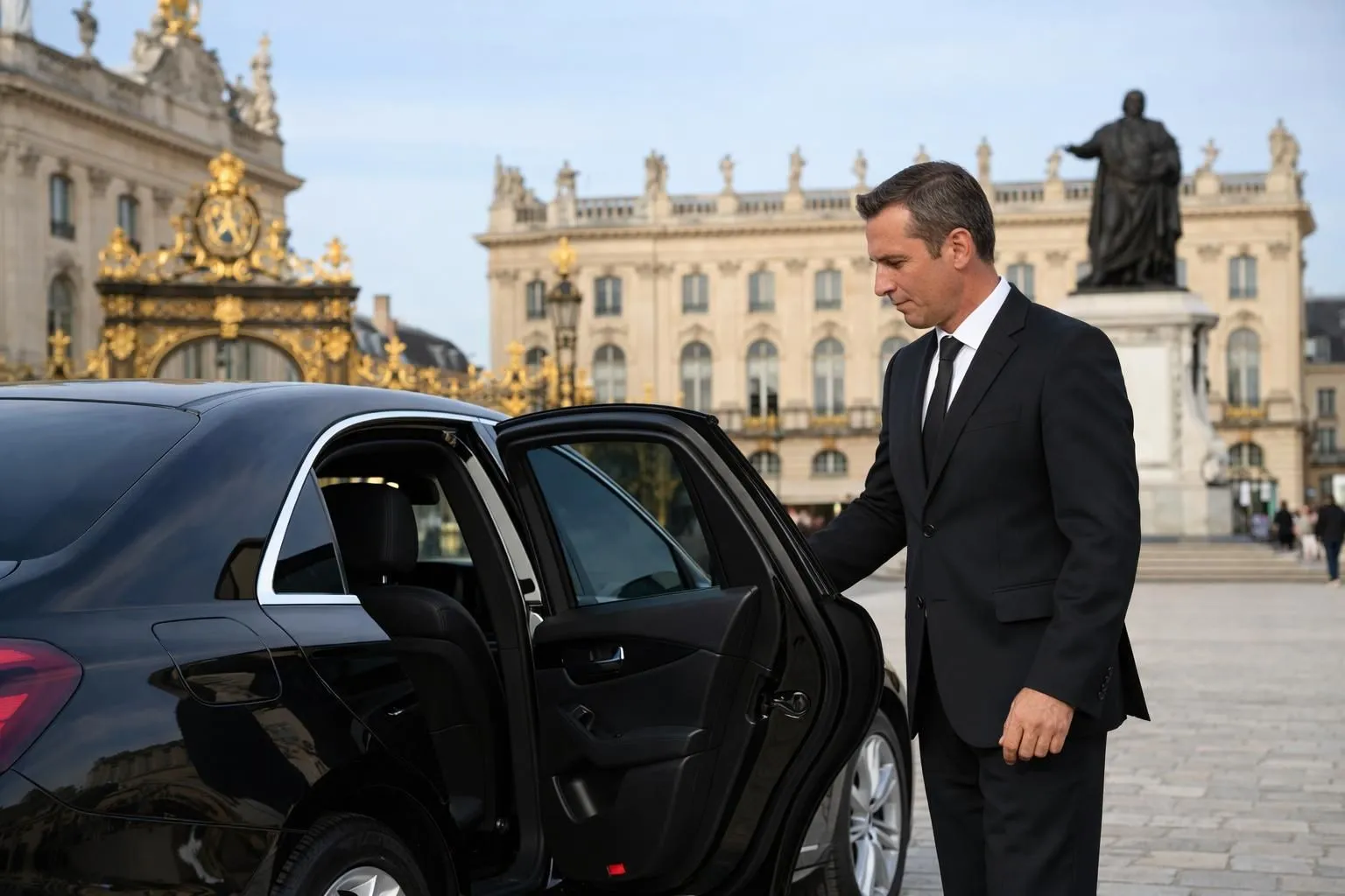 Berline noire luxueuse garée devant la Place Stanislas à Nancy, chauffeur en costume sombre ouvrant la portière arrière pour un client d'affaires, architecture dorée en arrière-plan, ambiance professionnelle et élégante, lumière naturelle