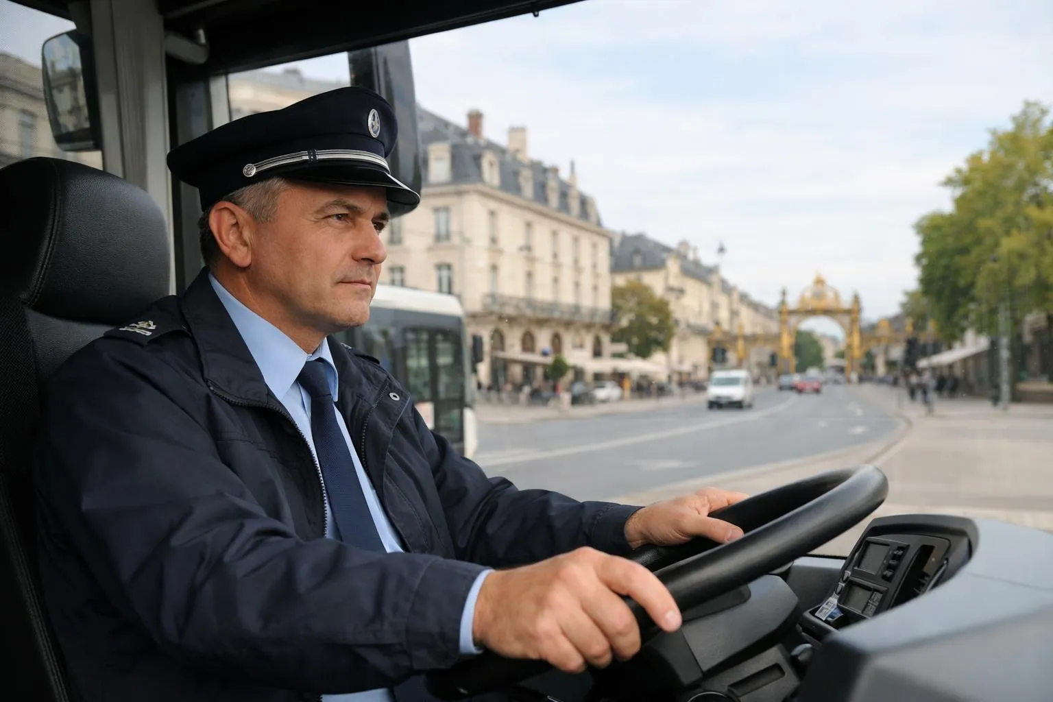 Chauffeur de bus en uniforme conduisant dans une ville européenne.